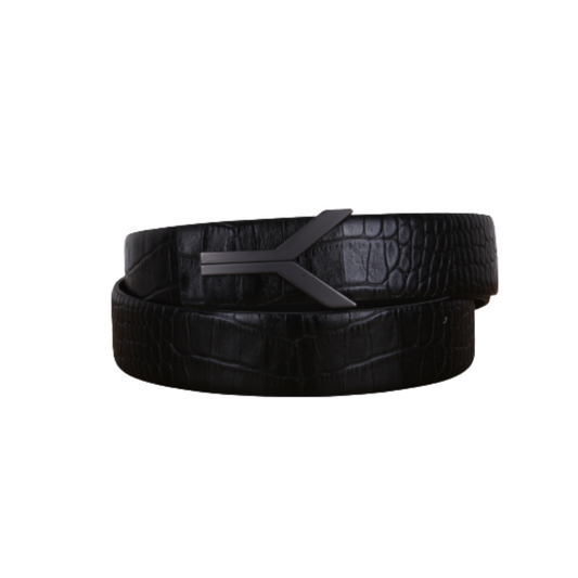 Black Natural Leather Belt With Crocodile Skin Print