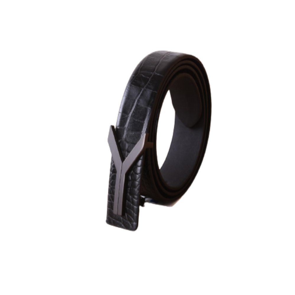 Black Natural Leather Belt With Crocodile Skin Print